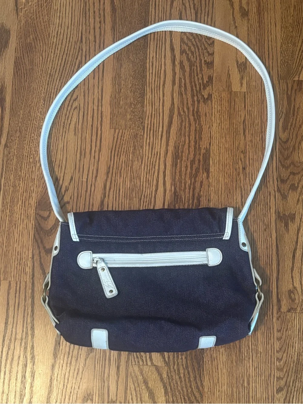 Vintage Stone Mountain Denim Baguette Shoulder Bag Y2K Jean Purse White Trim